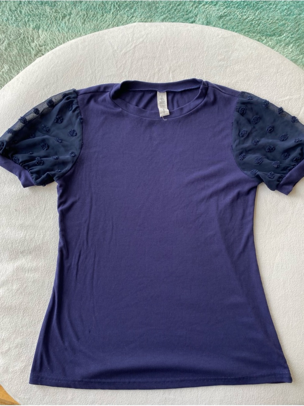 B brand Navy Short Sleeve Tee with Sheer Puff Dot Sleeves